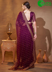 Beautiful Wine Color Embroidered Work Chiffon Contemporary Saree